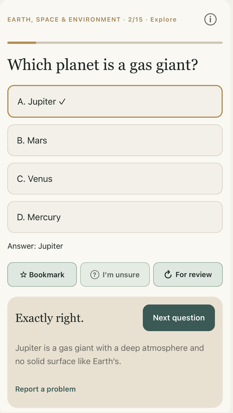 Jupiter selected as a gas giant, with an explanation and bookmark and review controls.