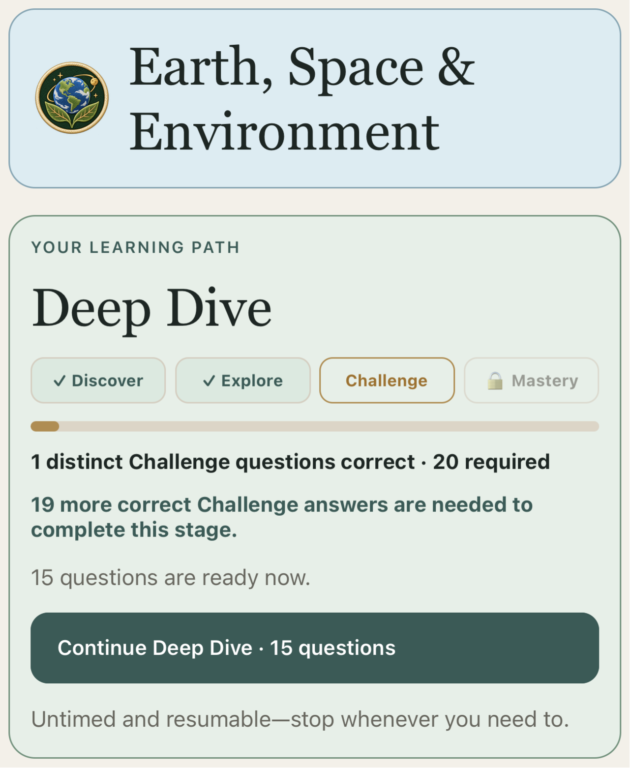 Earth, Space and Environment learning path showing completed Discover and Explore stages and Challenge progress.